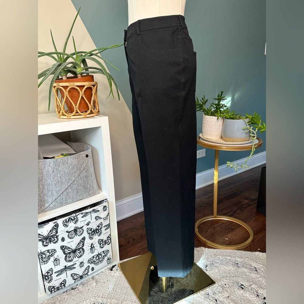 St. John Caviar Black Straight-Leg Pants Stretch Cotton Gold Hardware Size 12 - Picture 2 of 11